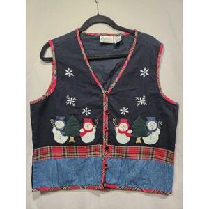 EBasics Editions Holiday Christmas Snowman Button Up Vest Plaid‎ Piping  Large
